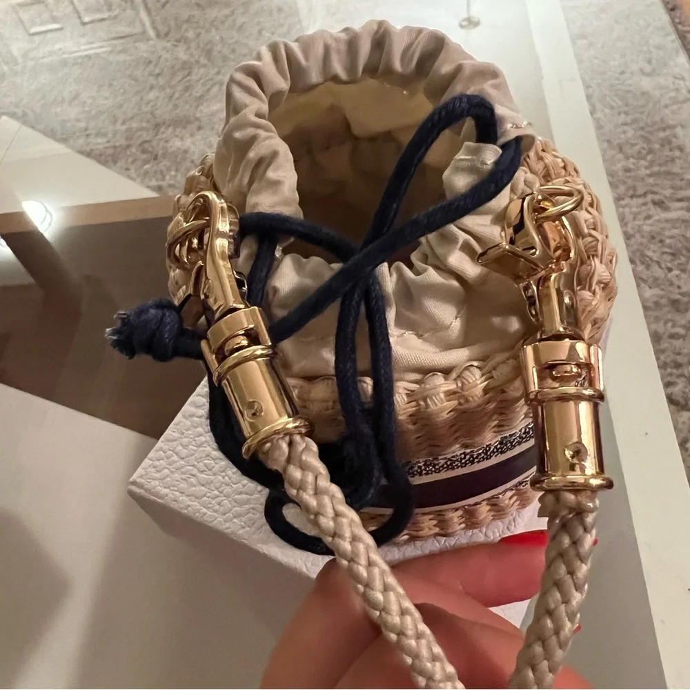 Dior Straw Bucket Crossbody Bag with Navy Logo Band and Gold Hardware - Picture 6 of 10